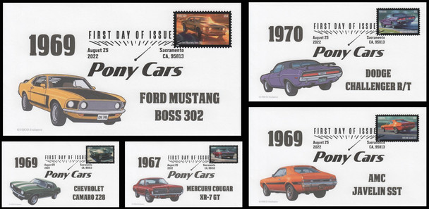 5715 - 5719  / 60c Pony Cars 2022 Set of 5 FDCO Exclusive First Day Covers
