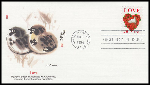 2814c / 29c Love Stamp - White Dove in Rose Heart 1994 Fleetwood FDC