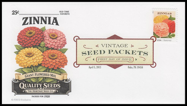 4759 / 46c Vintage Seed Packets : Zinnias 2013 Digital Color Postmark FDCO Exclusive FDC