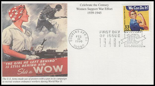 3186e / 33c Women Support War Effort : Celebrate the Century 1940s Mystic 1999 First Day Cover