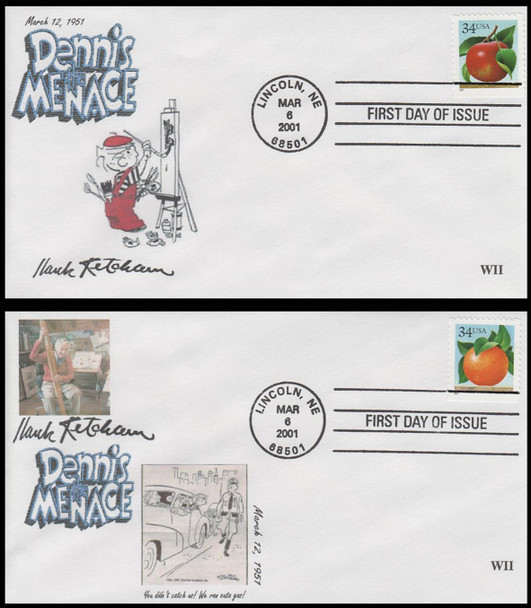 3491 - 3492 / 34c Apple and Orange 2001 Set of 2 WII Cachets First Day Covers