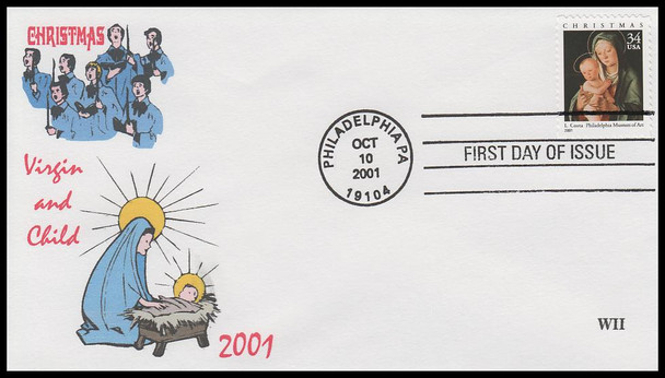3536 / 34c Madonna and Child : Lorenzo Costa's Painting Christmas 2001 WII Cachets First Day Cover