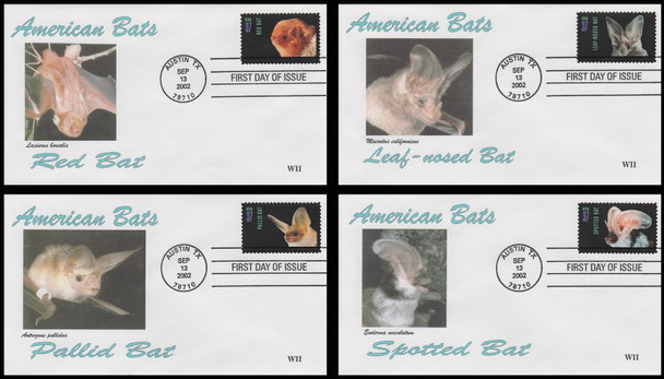 3661 - 3664 / 37c American Bats 2002 Set of 4 WII Cachets First Day Cover