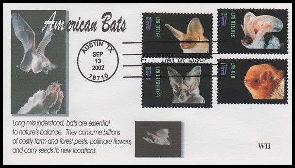 3661 - 3664 / 37c American Bats 2002 On 1 WII Cachets First Day Cover