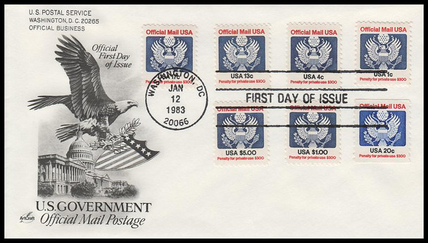 O127 - O135 / 1c - $5 Eagle Official Mail Combo 1983 Artcraft First Day Cover