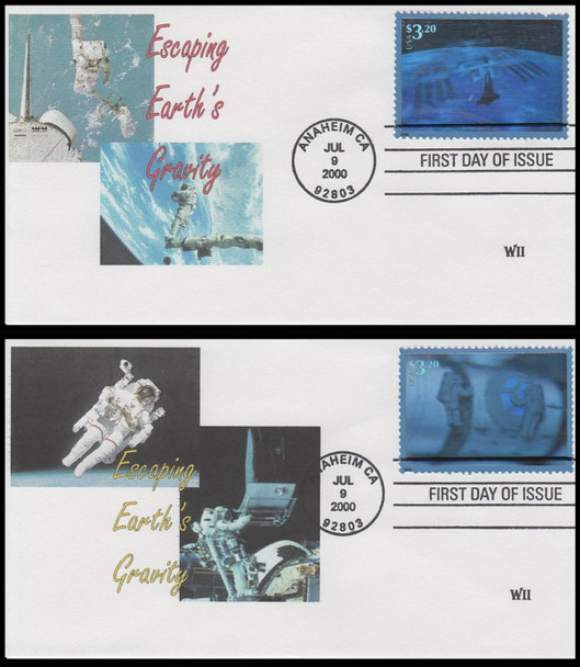 3411a-b / $3.20 Escaping the Gravity of Earth Hologram 2000 Set of 2 WII Cachets First Day Covers