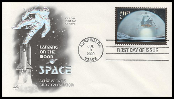 3413a / $11.75 Landing on the Moon Hologram 2000 Artcraft First Day Cover