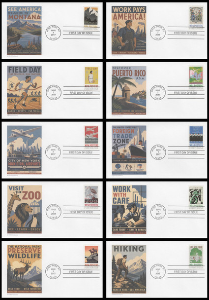 5180 - 5189 / 49c WPA Posters 2017 Set of 10 FDCO Exclusive First Day Covers