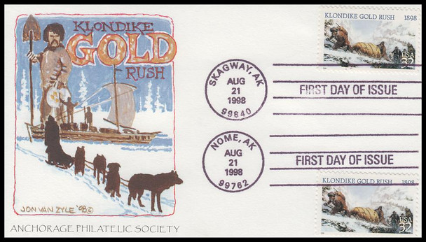 3235 / 32c Klondike Gold Rush Dual Postmark : Jon Van Zyle Artwork 1998 Anchorage Philatelic Society Limited Edition FDC With Insert Card