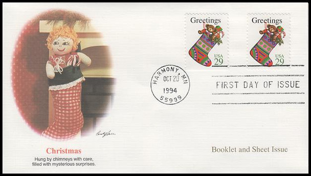 2872 - 2872a / 29c Stocking Sheet and Booklet Combination Christmas Series  1994 Fleetwood FDC