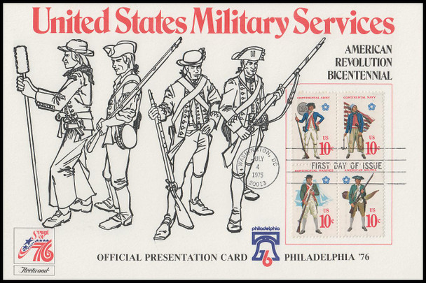 1568a / 10c Military Uniforms Se-Tenant Block 1975 Fleetwood FDOI Presentation Card