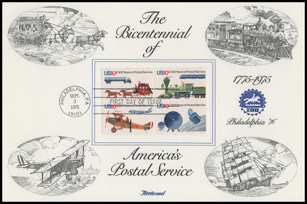 1575a / 10c U.S. Postal Service Bicentennial Se-Tenant Block 1975 Fleetwood FDOI Presentation Card