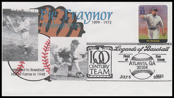 3408o / 33c Pie Traynor : Legends of Baseball 2000 WII Cachets First Day Cover