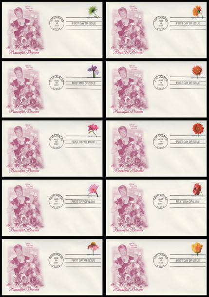 4176 - 4185 / 41c Beautiful Blooms Bklt Singles 2007 Set of 10 Artcraft First Day Covers