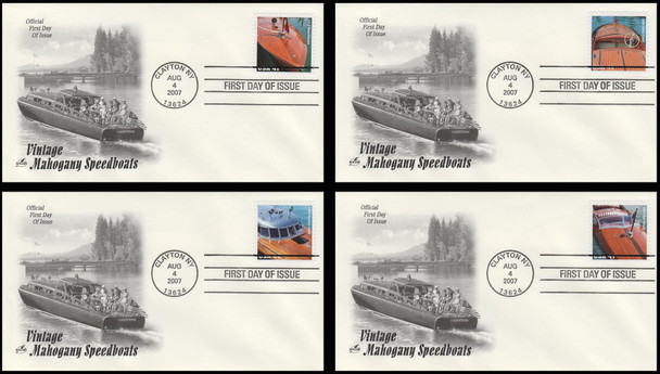 4160 - 4163 / 41c Vintage Mahogany Speedboats 2007 Set of 4 Artcraft FDCS