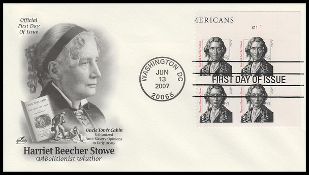 3430 / 75c Harriet Beecher Stowe 2007 Plate Block Artcraft First Day Cover