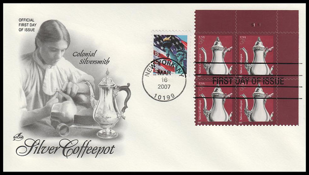 3754 / 3c Silver Coffeepot 2007 Plate Block Artcraft First Day Cover