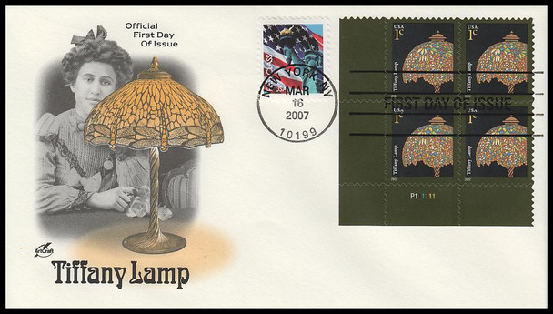 3749 / 1c Tiffany Lamp 2007 Plate Block Artcraft First Day Cover