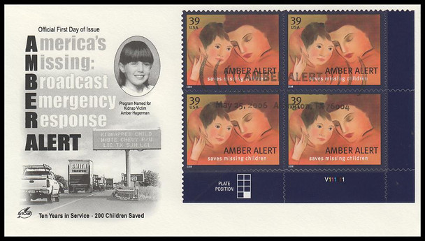 4031 / 39c Amber Alert : Arlington, TX Pictorial Postmark Plate Block 2006 Artcraft First Day Cover