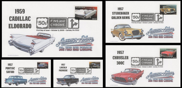 4353 - 4357 / 42c Tail Fins and Chrome 2008 Set of 5 FDCO Exclusive First Day Covers