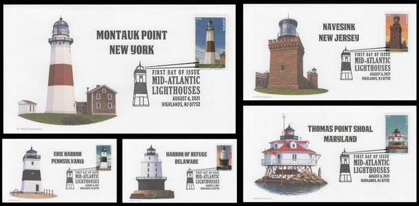 5621 - 5625 / 55c Mid-Atlantic Lighthouses 2021 Set of 5 FDCO Exclusive First Day Covers