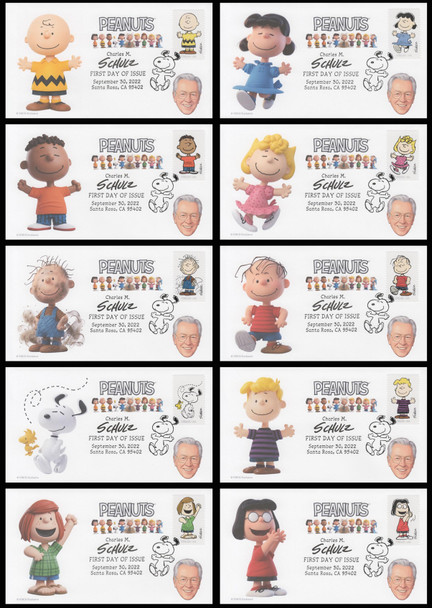 5726a - j / 60c Charles Schulz : Peanuts 2022 Set of 10 FDCO Exclusive First Day Covers