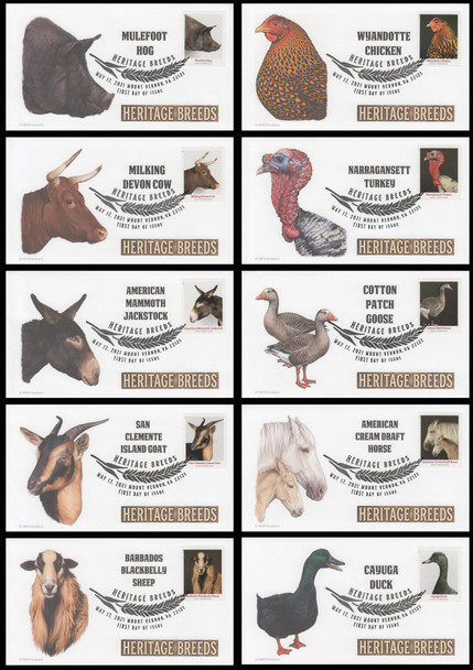 5583 - 5592 / 55c Heritage Breeds 2021 Set of 10 FDCO Exclusive First Day Covers