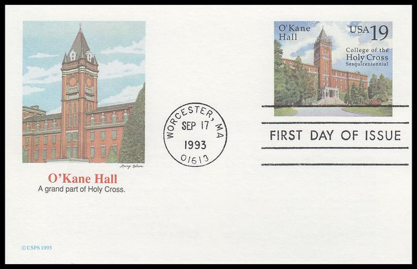 UX171 / 19c O'Kane Hall : College of the Holy Cross Sesquicentennial 1993 Fleetwood Postal Card FDC
