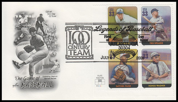 3408a - t  / 33c Legends of Baseball : Greatest Players 2000 All 20 on 4 Artcraft FDCs