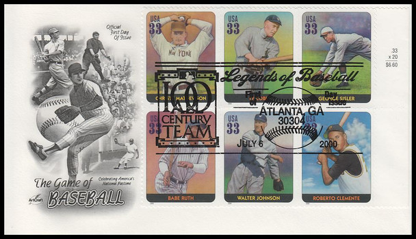 3408a - t  / 33c Legends of Baseball : Greatest Players 2000 All 20 on 4 Artcraft FDCs