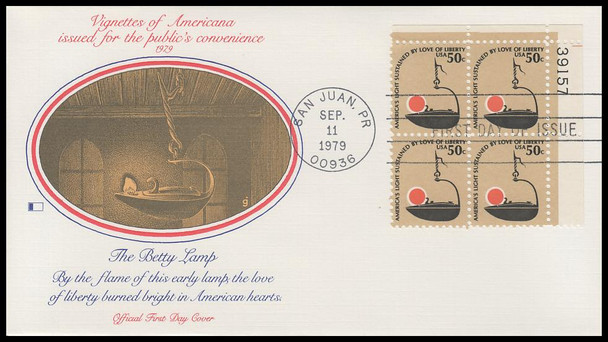 1608 / 50c Betty Lamp 1979 Plate Block Fleetwood First Day Cover