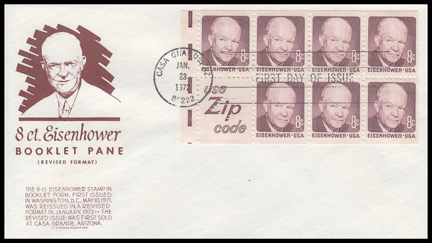 1395d / 8c Dwight D. Eisenhower Booklet Pane of 7 + Zip Label 1972 Anderson First Day Cover