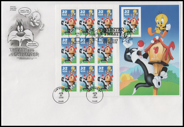 3205 / 32c Sylvester and Tweety : Looney Tunes Imperforated Pane 1998 Artcraft First Day Cover