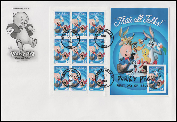 3535 / 34c Porky Pig : Looney Tunes Imperforated Pane 2001 Artcraft First Day Cover