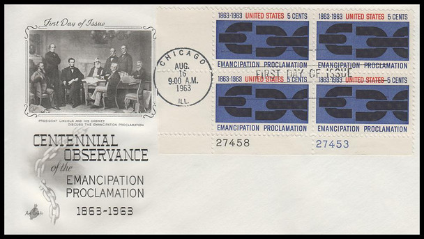 1233 / 5c Emancipation Proclamation 1963 Plate Block Artcraft First Day Cover