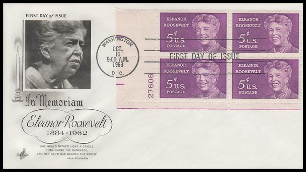 1236 / 5c Eleanor Roosevelt 1963 Plate Block Artcraft First Day Cover