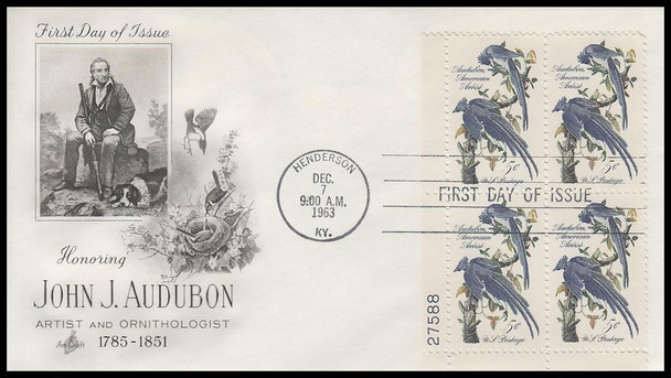 1241 / 5c John James Audubon 1963 Plate Block Artcraft First Day Cover