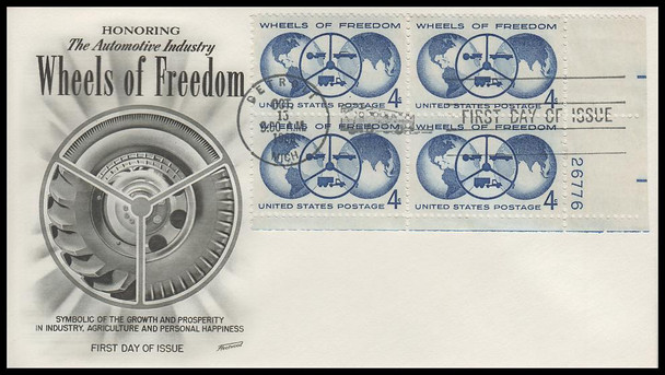 1162 / 4c Wheels of Freedom 1960 Plate Block Fleetwood First Day Cover