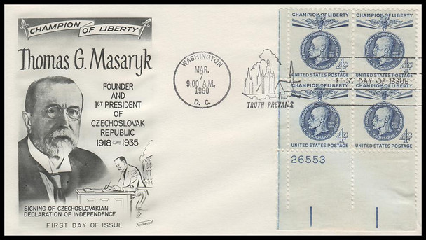 1147 / 4c Thomas G. Masaryk 1960 Plate Block Fleetwood First Day Cover