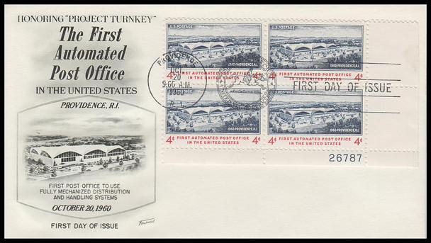 1164 / 4c First Automated Post Office 1960 Plate Block Fleetwood First Day Cover