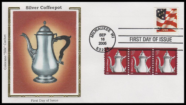 3759 / 3c Silver Coffee Pot PNC Coil Strip of 3 Colorano Silk 2005 First Day Cover