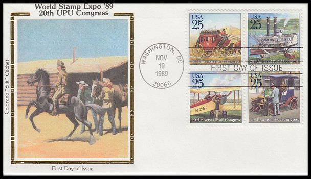 2434 - 2437, 2437a and 2438 / 25c Classic Mail Transportation : World Stamp Expo '89 Set of 6 Colorano Silk 1989 FDCs
