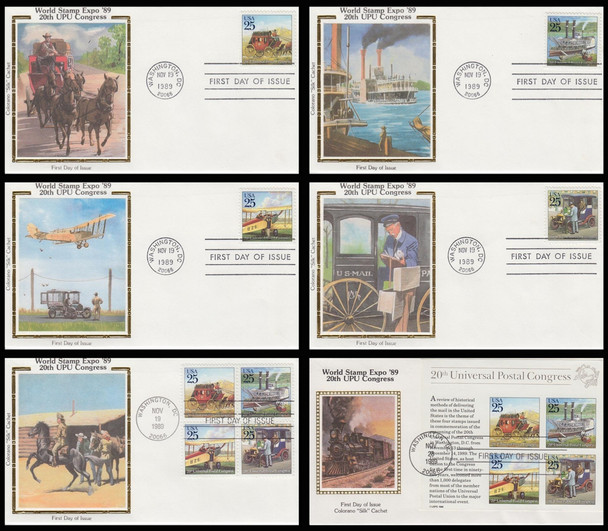 2434 - 2437, 2437a and 2438 / 25c Classic Mail Transportation : World Stamp Expo '89 Set of 6 Colorano Silk 1989 FDCs