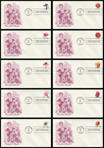 4166 - 4175 / 41c Beautiful Blooms Coil 2007 Set of 10 Artcraft First Day Covers