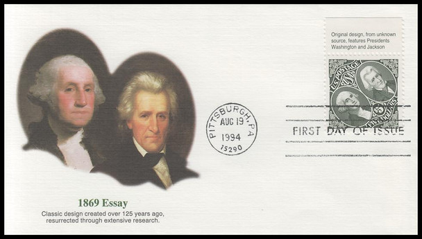 2592 / $5 1869 Essay : Washington and Jackson with Tab Fleetwood 1994 FDC
