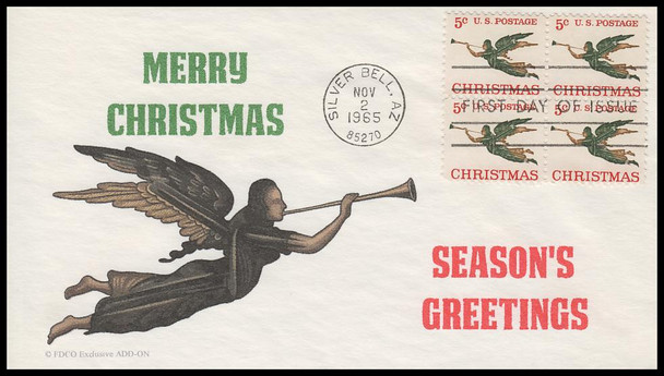 1276 / 5c Christmas Angel with Trumpet Block 1965 FDCO Exclusive Add-On First Day Cover