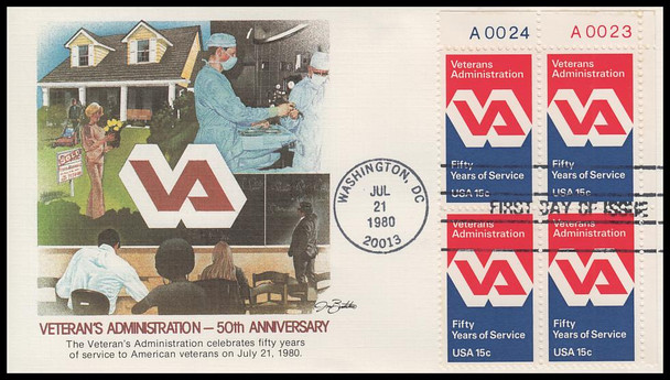 1825 / 15c Veterans Administration 1980 Plate Block Fleetwood First Day Cover