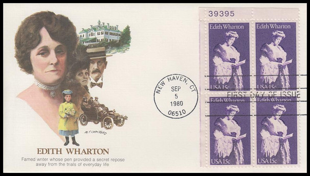 1832 / 15c Edith Wharton 1980 Plate Block Fleetwood First Day Cover