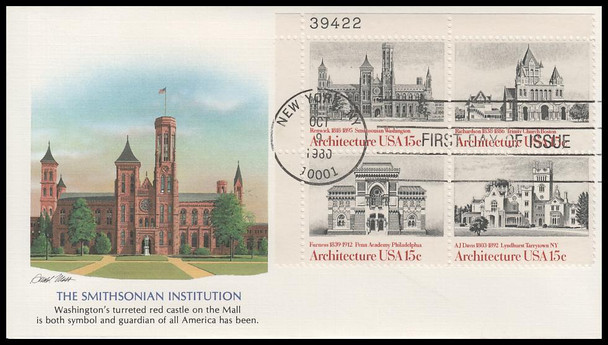 1841a / 15c American Architecture 1980 Plate Block Fleetwood First Day Cover