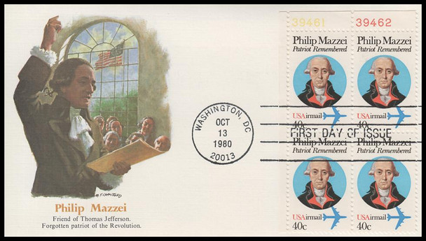 C98 / 40c Philip Mazzei : Airmail 1980 Plate Block Fleetwood First Day Cover